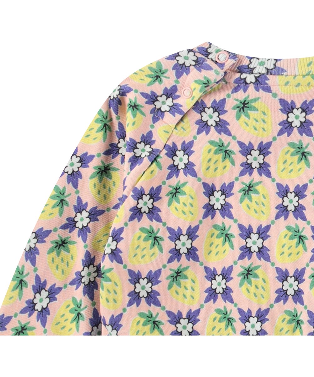 Disc - Vintage Berries - Organic pink baby sweatshirt with a print of purple flowers and yellow strawberries.