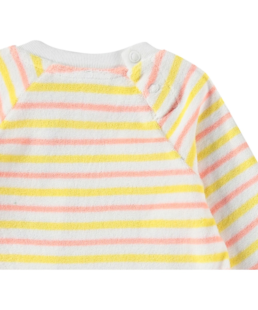 Dora - Sun Melon Stripe - Long-sleeved top in soft cotton terry for baby with yellow, white, and peach-coloured stripes.