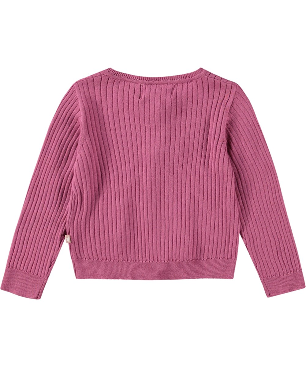 Gabby - Dark Rose - Delicate purple knitted cardigan in organic cotton with ribbed edges.
