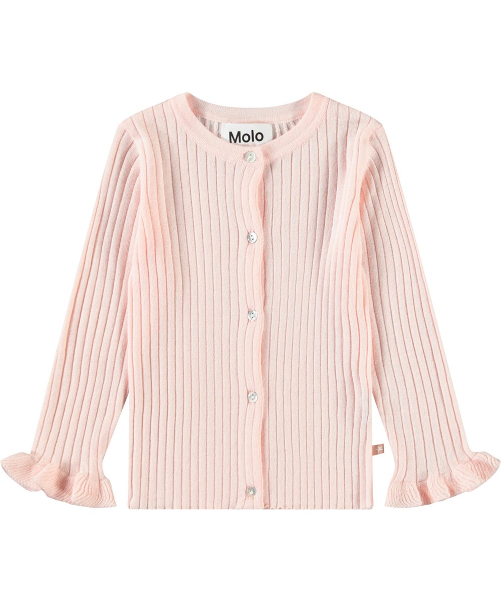 Gavi - Charlotte Pink - Pink knitted baby cardigan with ruffle edges on the sleeves.