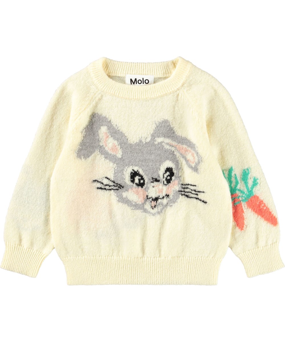 Gilby - Snack Time - Knitted sweater for the little ones in light yellow with coloured motifs of animals and vegetables.