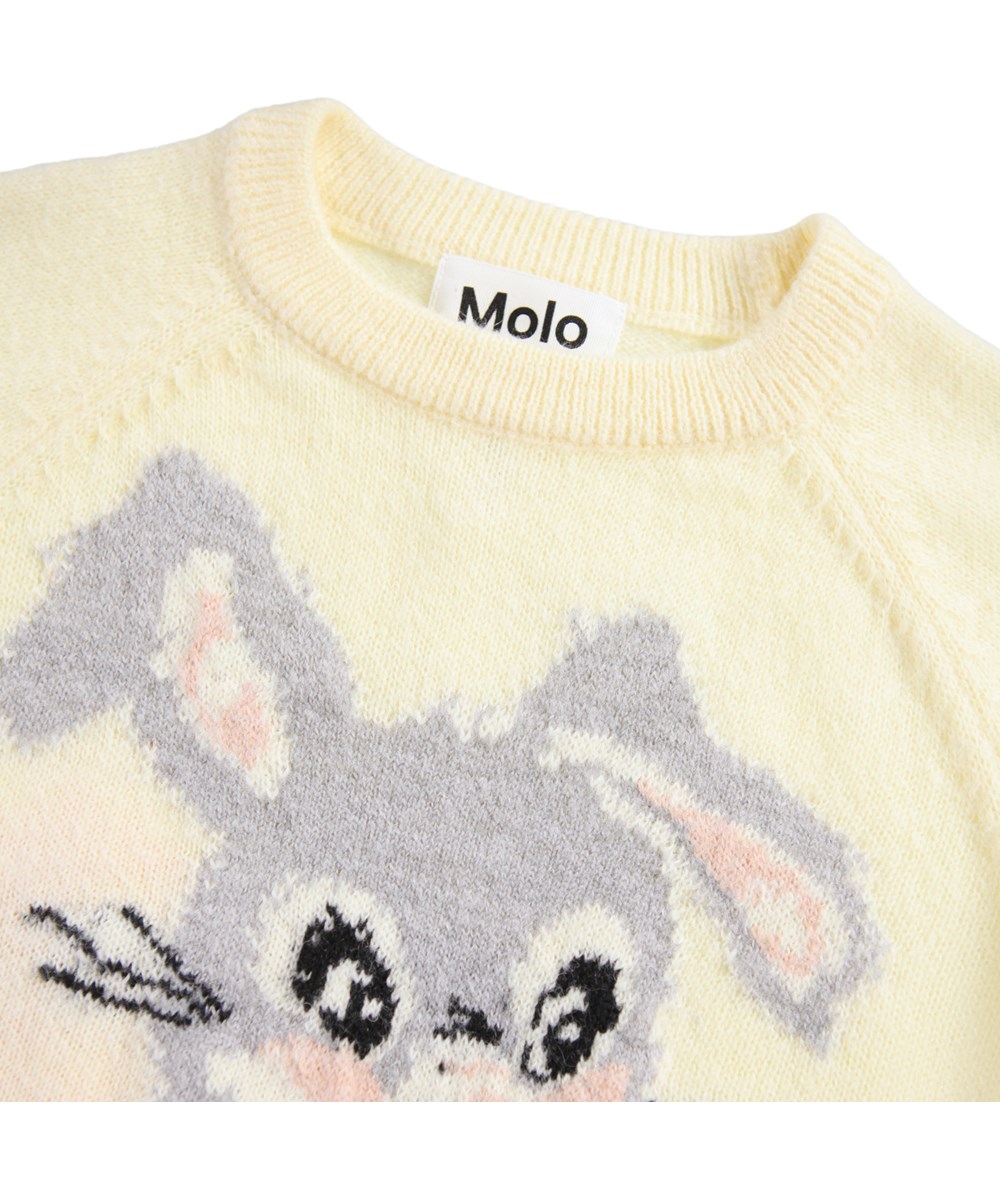 Gilby - Snack Time - Knitted sweater for the little ones in light yellow with coloured motifs of animals and vegetables.