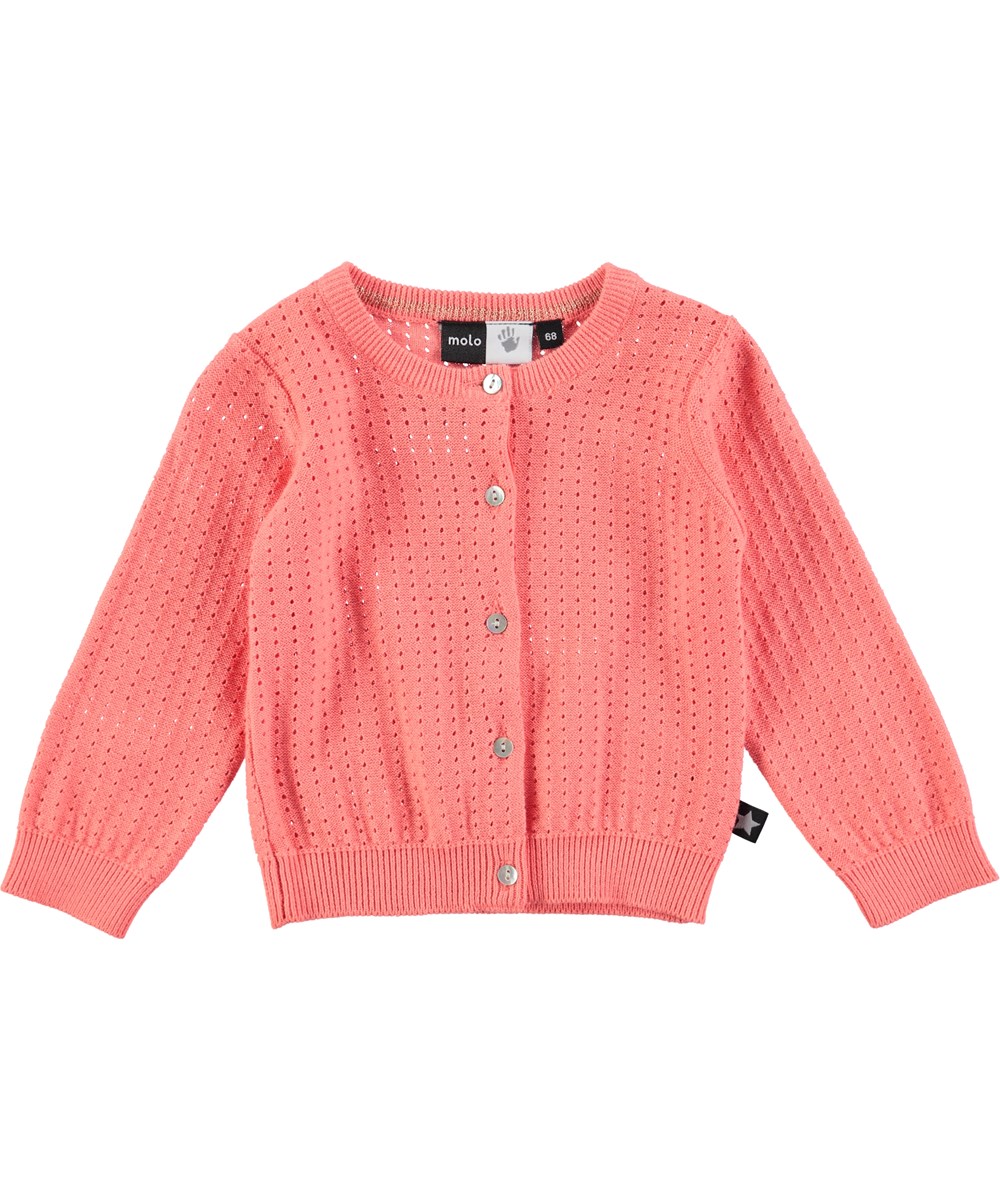 Ginny - Spicy Pink - long sleeve baby cardigan with a needle out pattern