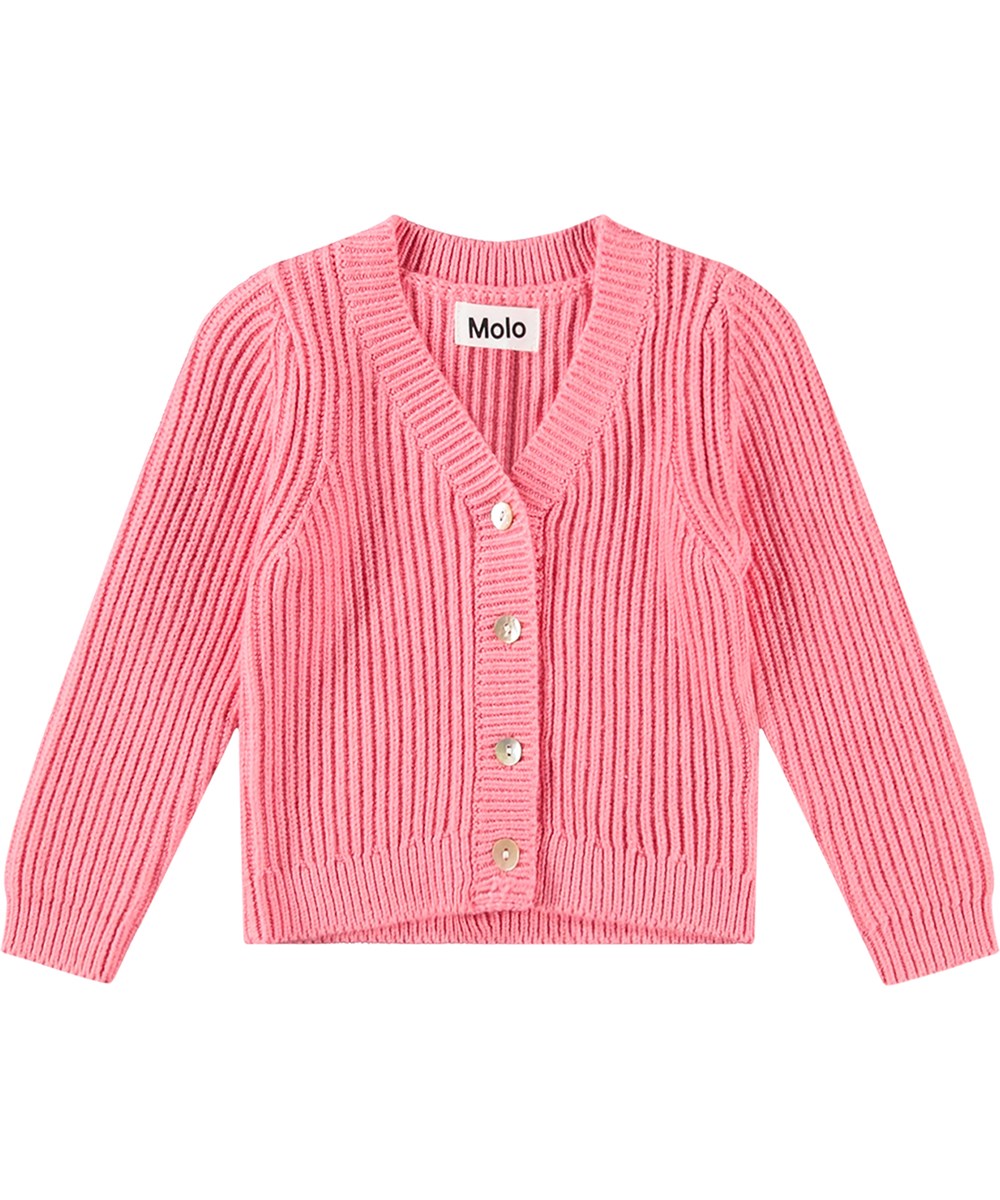 Gisella - Flamingo Plume - Lovely pink striped cardigan with ribbed knit and button closure.
