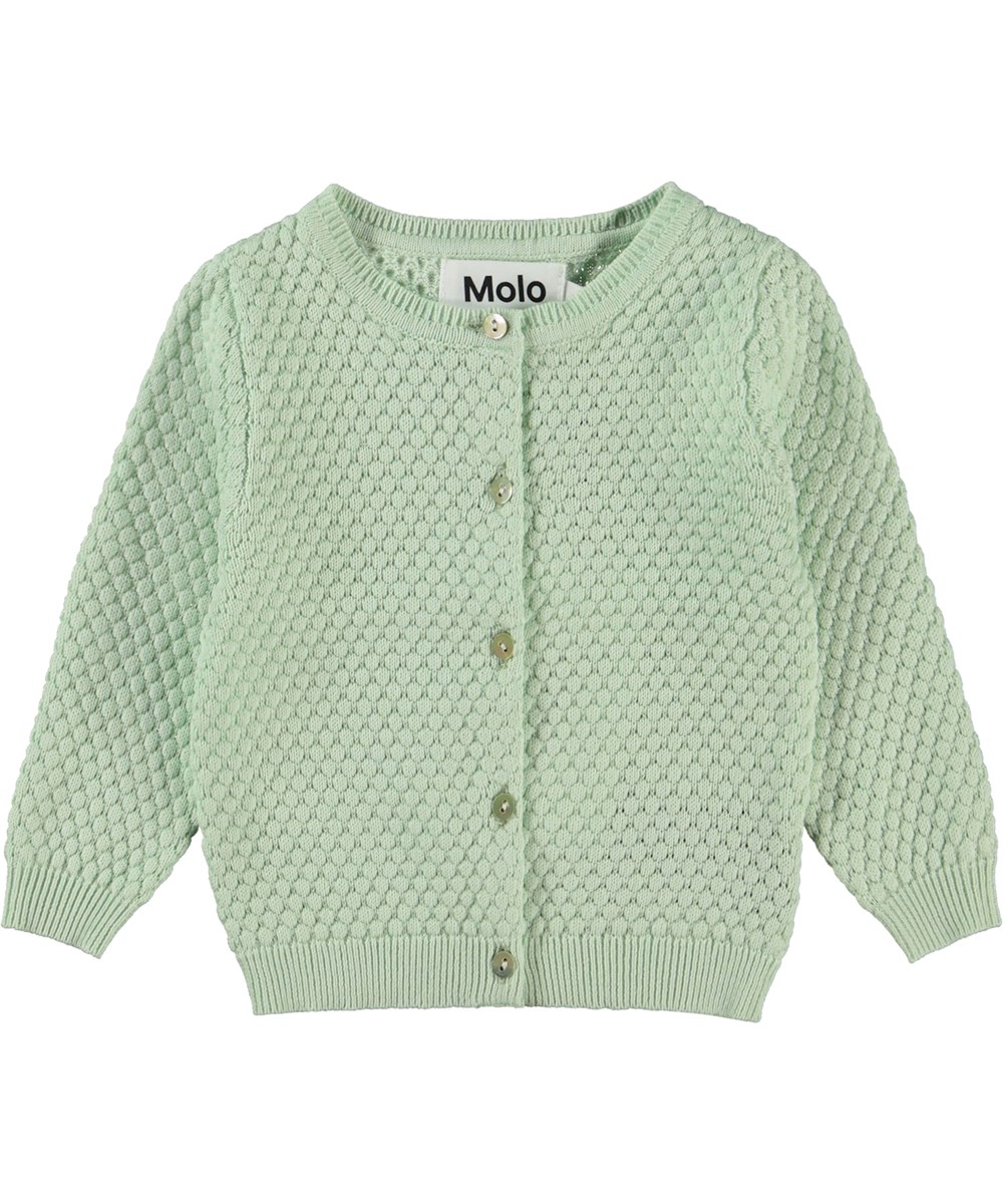 Goldie - Pale Pear - Green knit baby cardigan with pattern