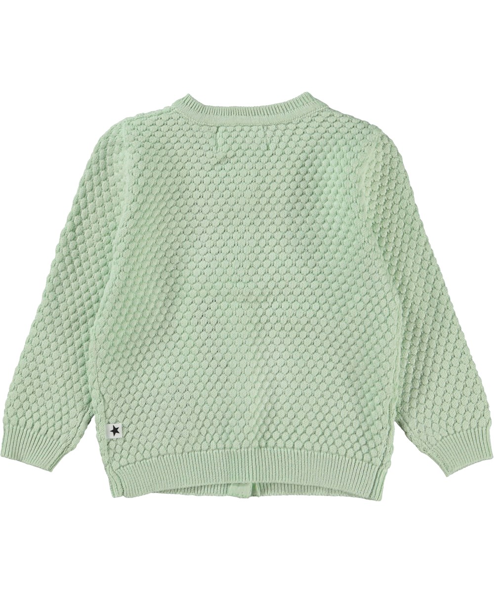 Goldie Pale Pear Green knit baby cardigan with pattern Molo