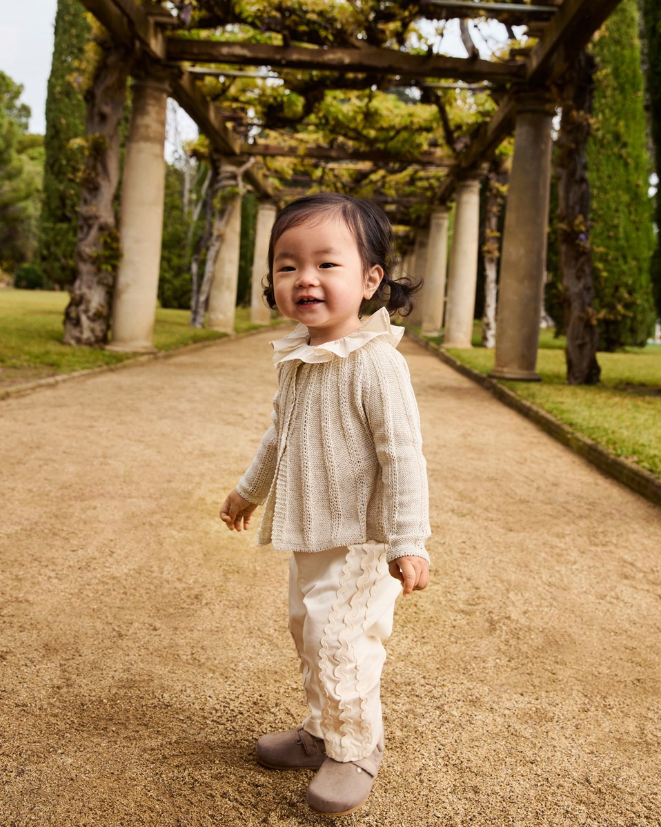 Grit - Sand Melange - Beige striped cardigan for baby. Lovely striped pattern and loose A-line shape.