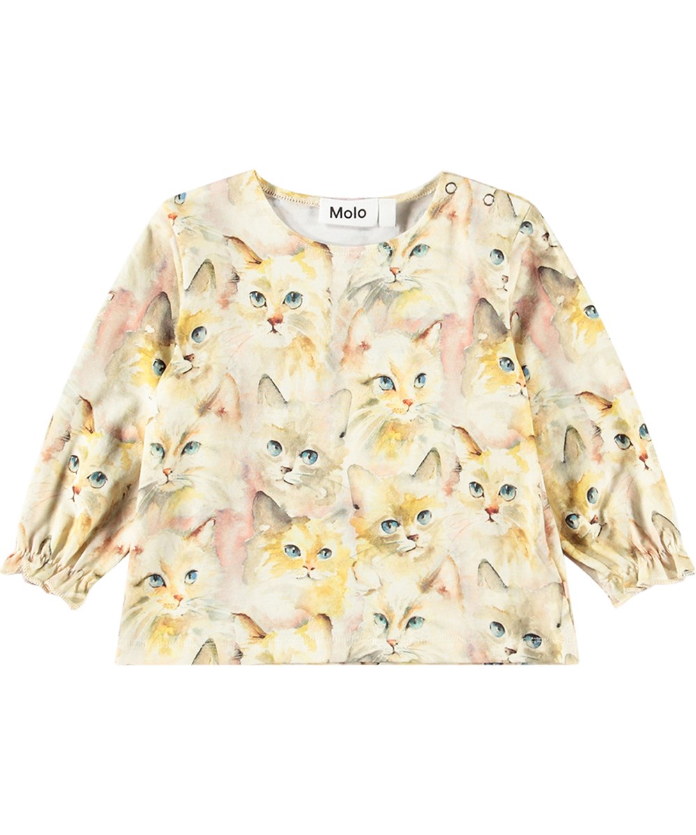 Elina - Aquarelle Cats - Long-sleeved top for kids in soft organic cotton featuring a watercolour-painted cat print.