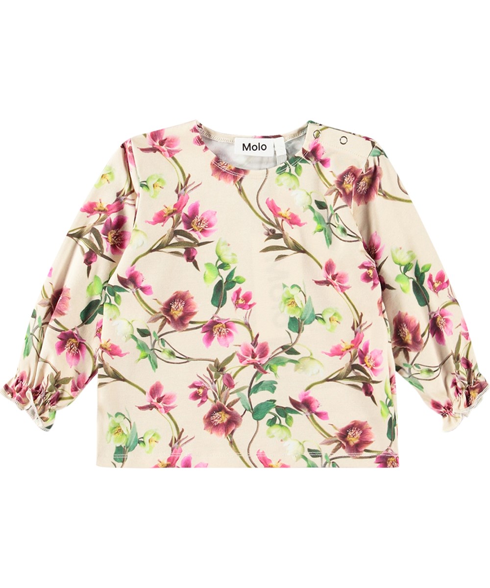 Elina - Hellebore - Beige long-sleeved soft organic cotton top with flower print.