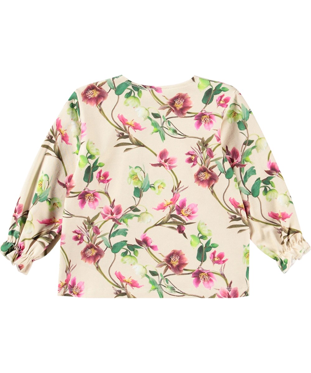 Elina - Hellebore - Beige long-sleeved soft organic cotton top with flower print.