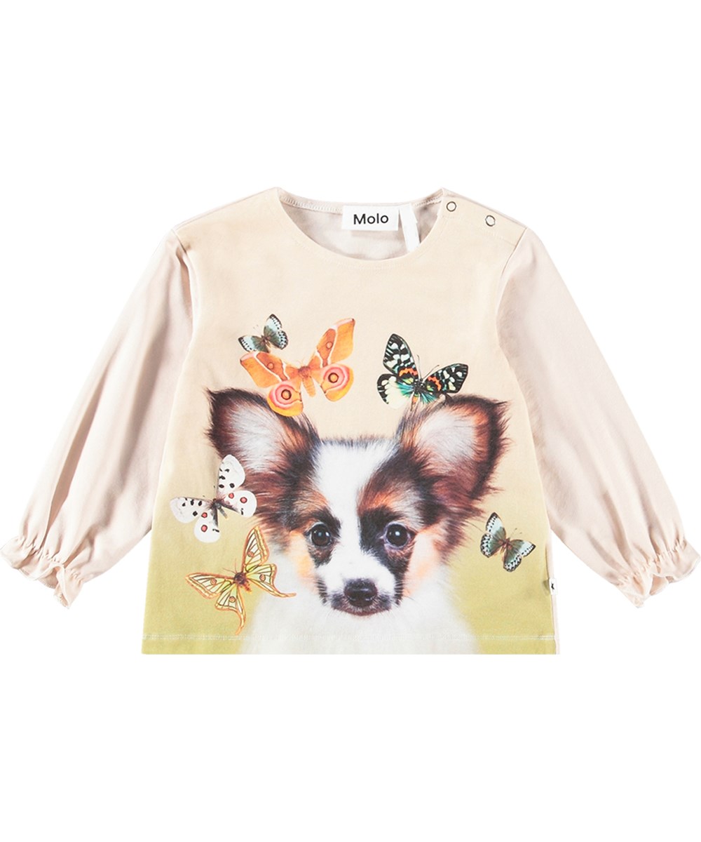 Elina - Papillon Puppy - Beige long-sleeved top for kids, soft organic cotton, cute dog print.