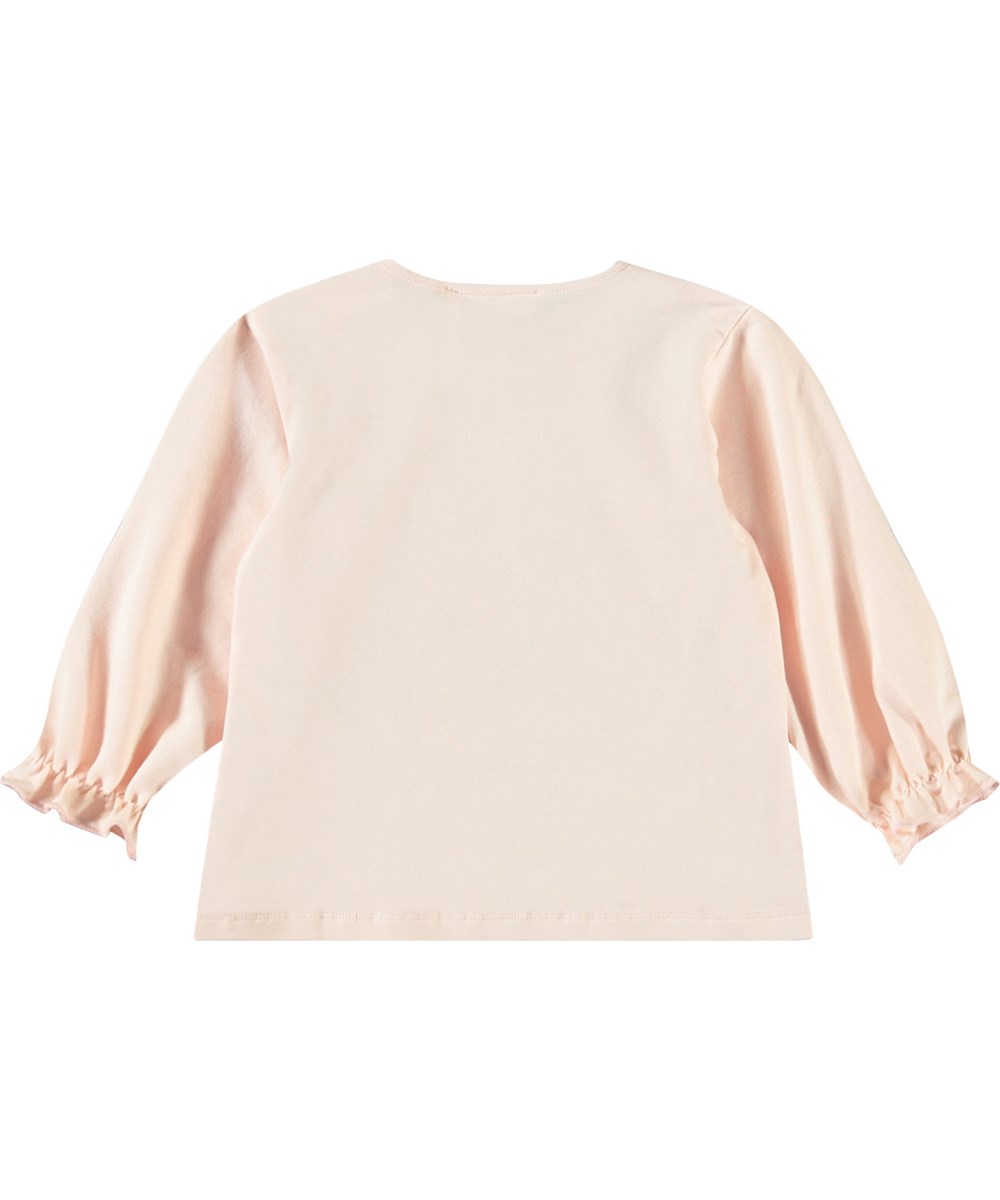 Elina - Rabbit Friends - Long-sleeved top in organic cotton for baby. The top is pink with a front print of rabbits and dandelions.