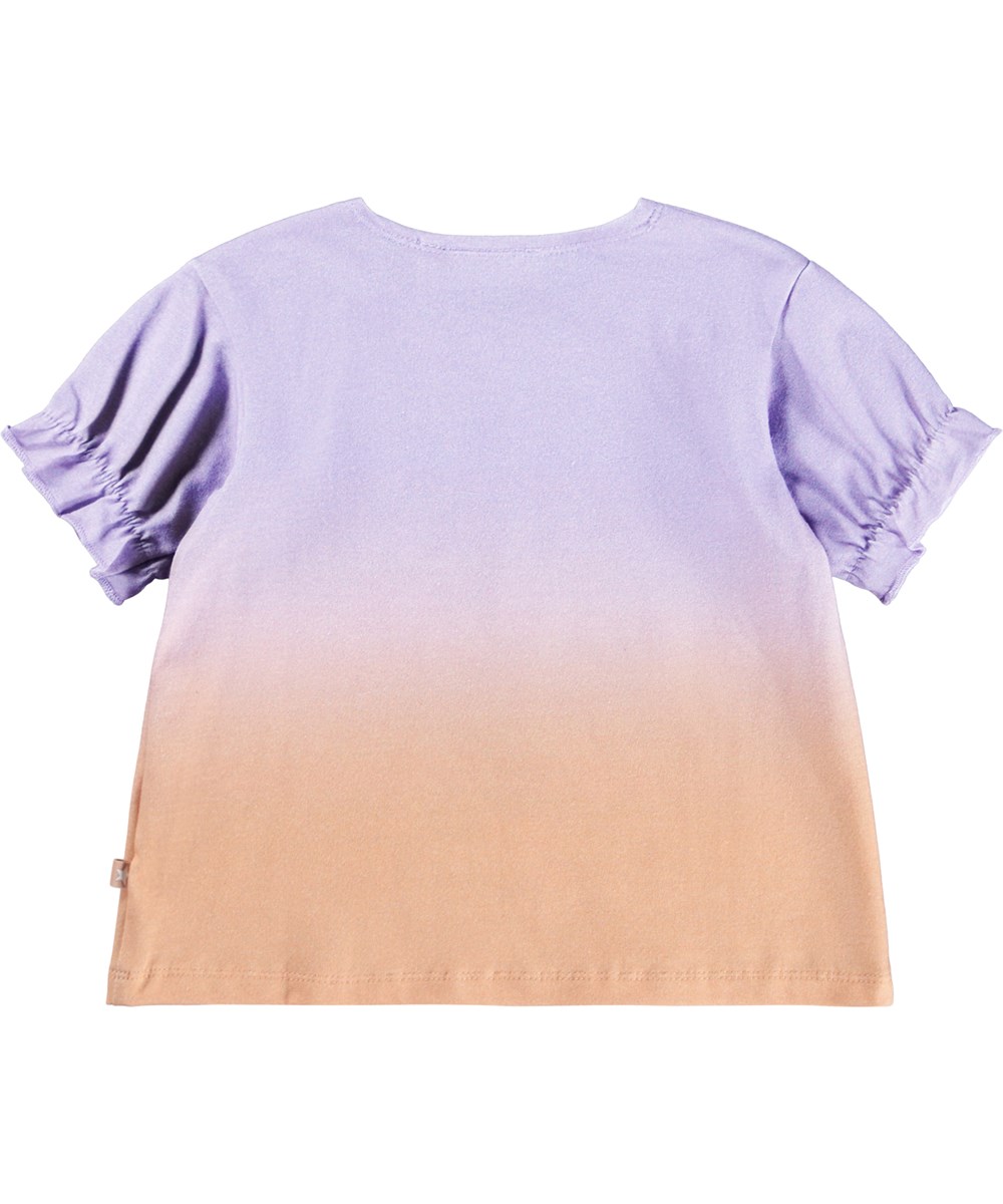 Eline - Dressy Rabbit - Light purple and pink T-shirt for the little ones with ruffle details made of organic cotton. The T-shirt has a print of a little rabbit and flowers.