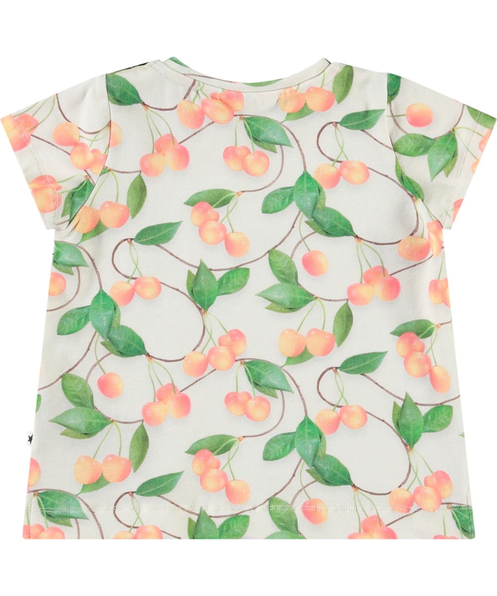 Elly - Sweet Cherries - T-shirt in soft organic cotton for baby. The t-shirt is light grey with a cherry print.