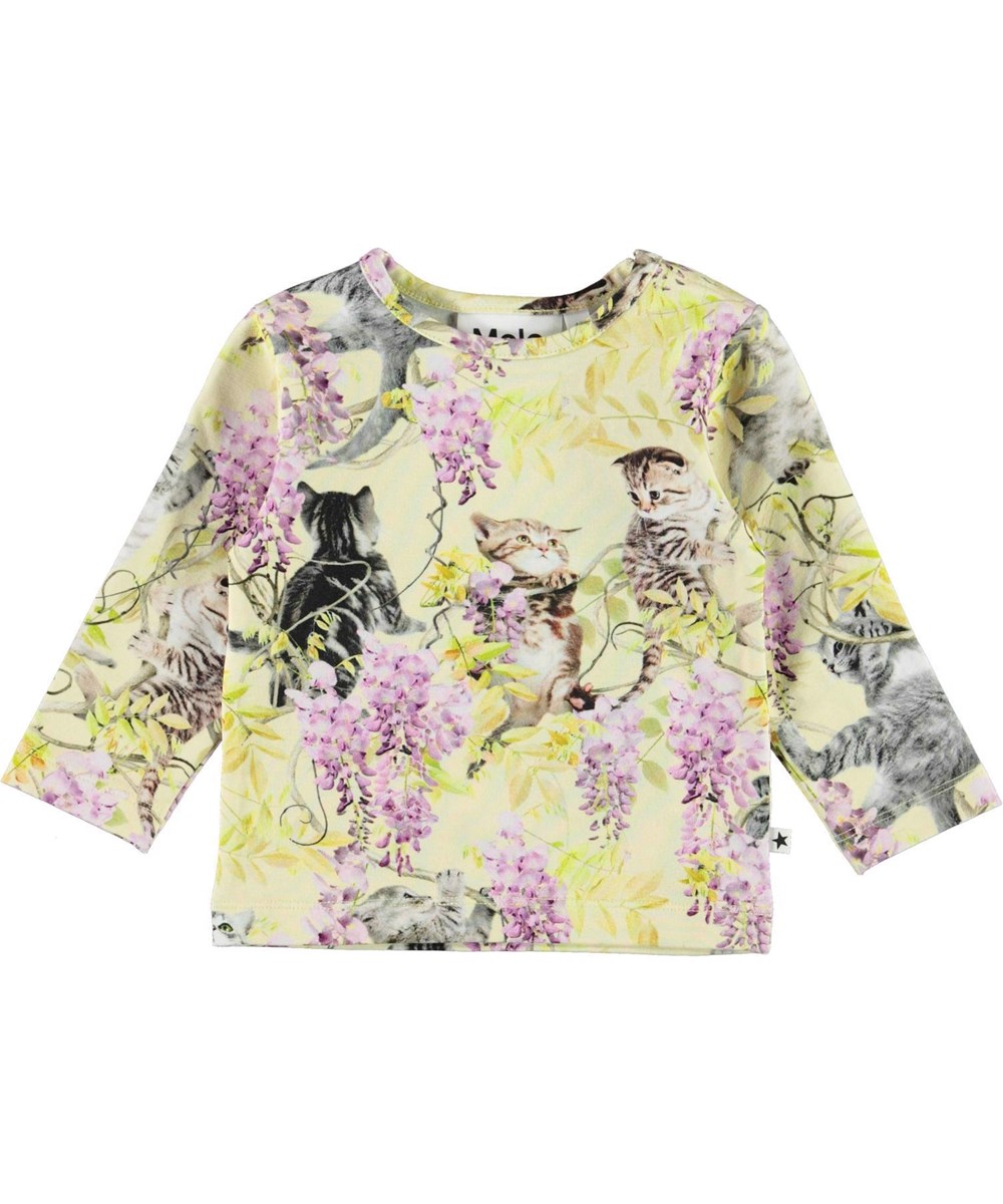 Eva - Clumsy Cuteness - Light yellow organic top kittens wisteria