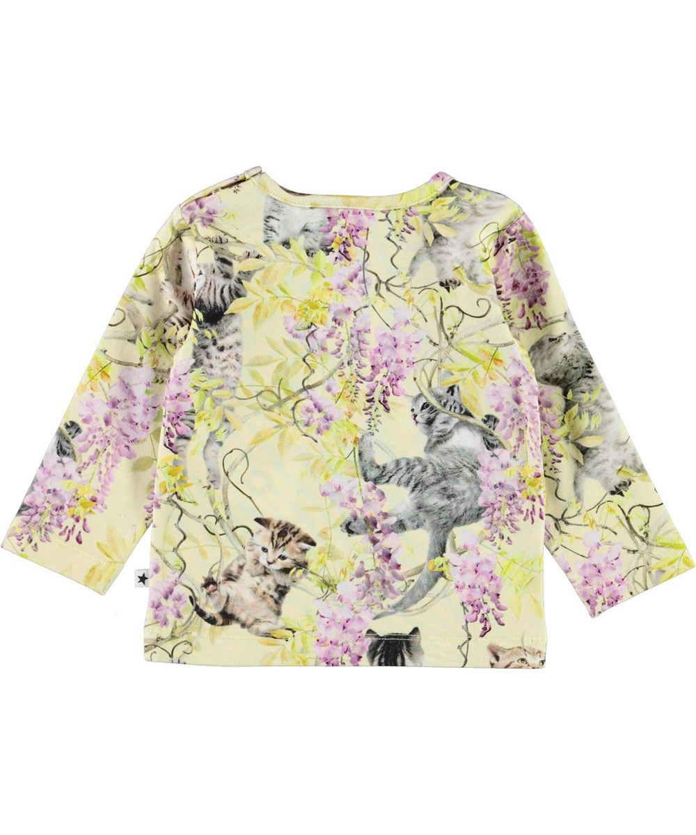 Eva - Clumsy Cuteness - Light yellow organic top kittens wisteria