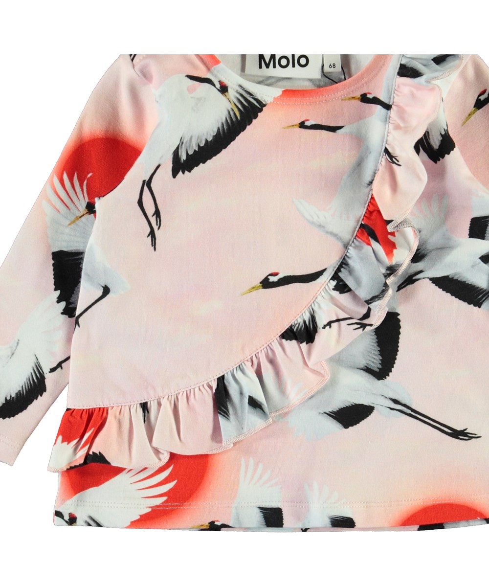 Evelyn - Sunrise Cranes - Baby top with birds and ruffle 