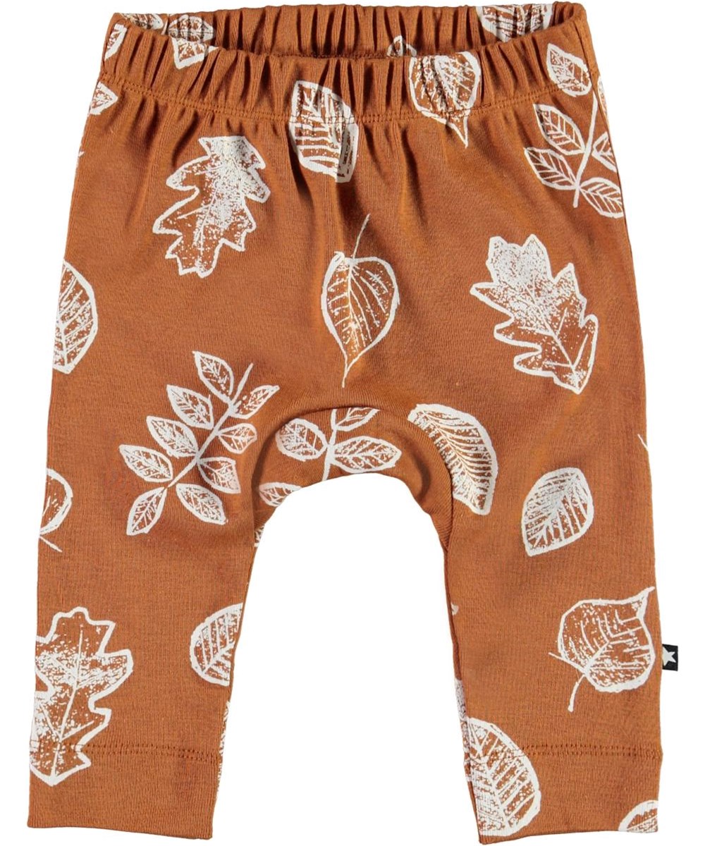 Seb - Leaves - Bruine biologische babybroek met witte bladeren