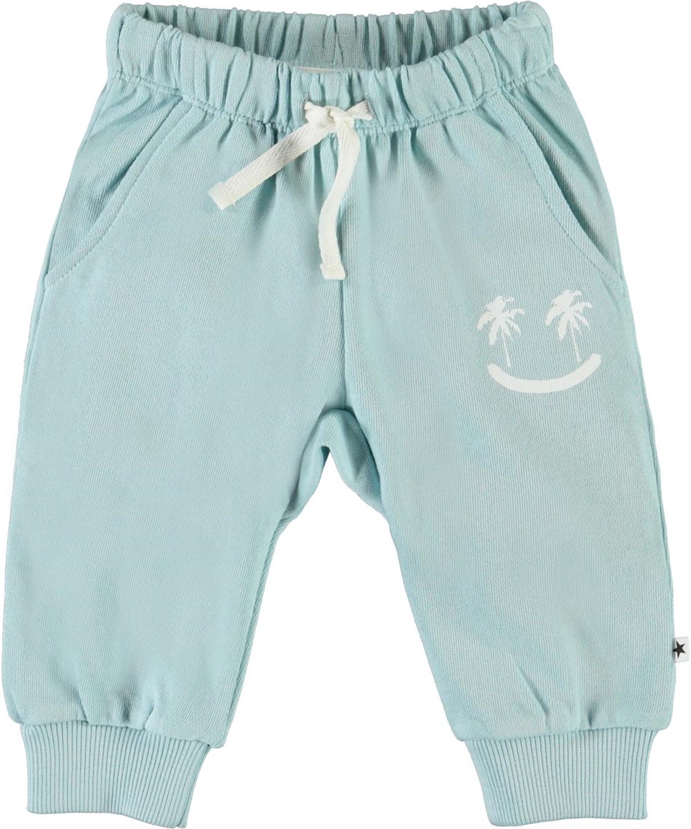 Simme - Sterling Blue - Blauwe biologische babybroek met smiley face