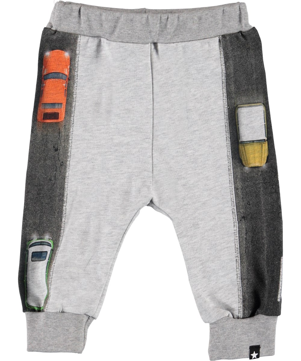 Street - Light Grey Melange - Biologische grijze babybroek met auto’s