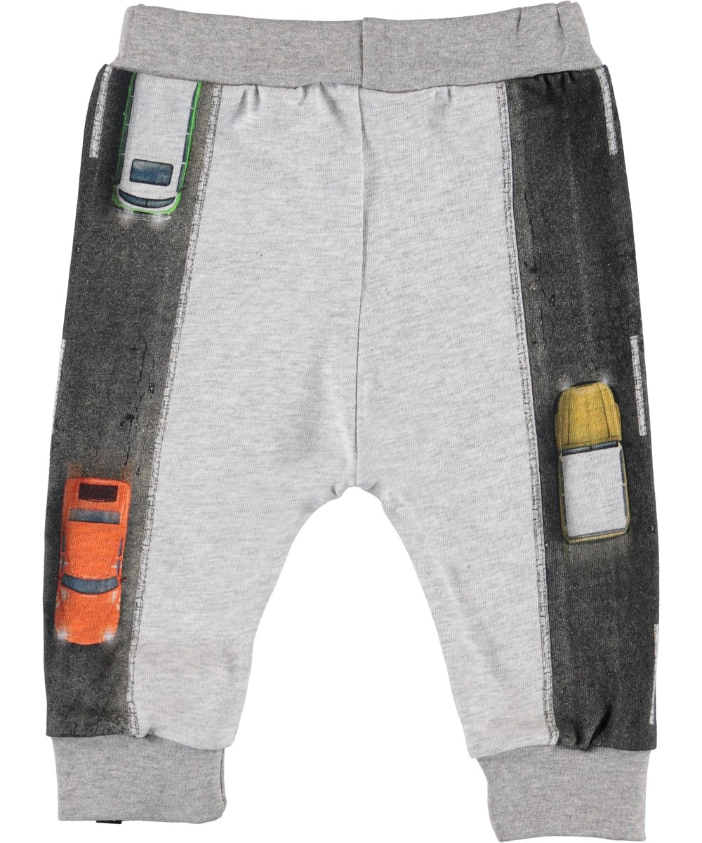 Street - Light Grey Melange - Biologische grijze babybroek met auto’s