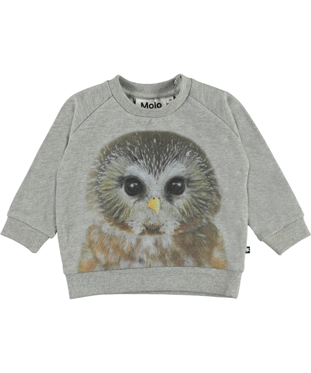 Disco - Baby Owl - Grijze biologische baby sweater met uilprint