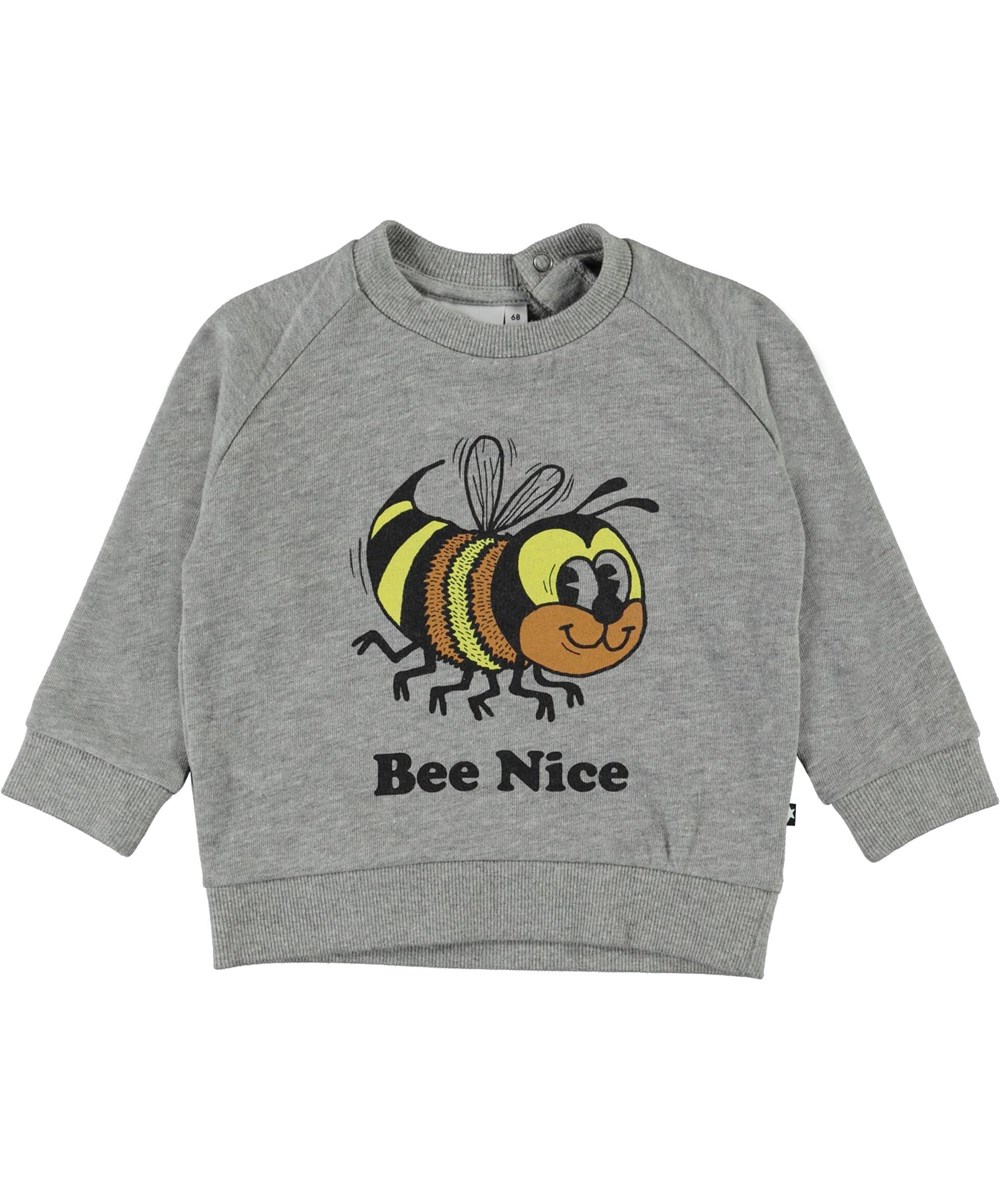 Disco - Grey Melange - Grijze biologische baby sweater met bijprint