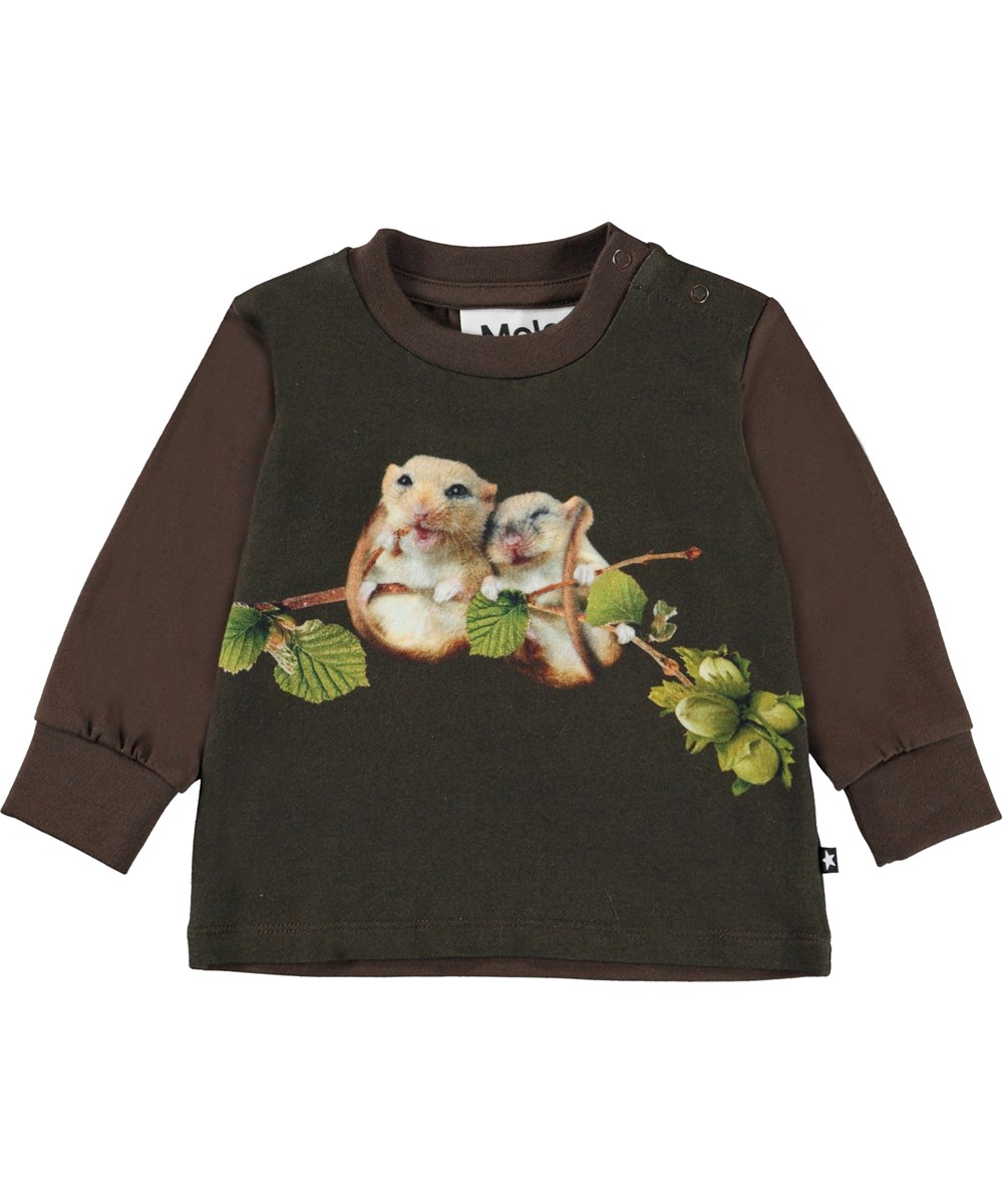 Eloy - Sweet Hazel - Bruine biologische babysweater met een muisprint