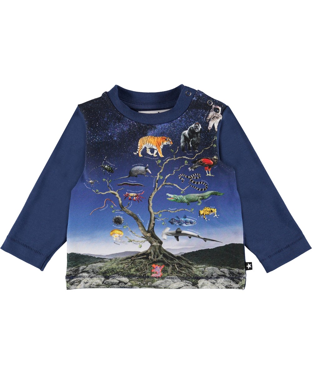 Enovan - Animal Tree Small - Blauwe baby shirt met dieren en aliens