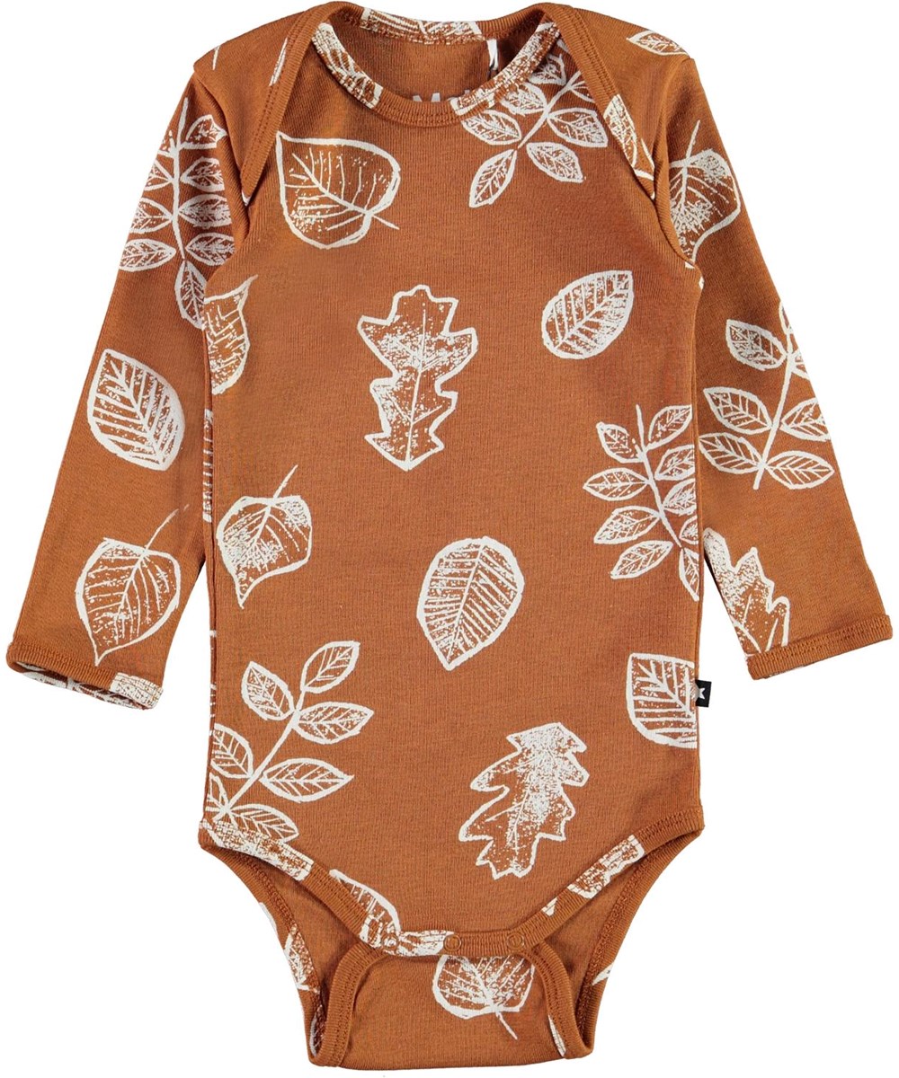 Faros - Leaves - Öko brauner Babybody mit Blättern
