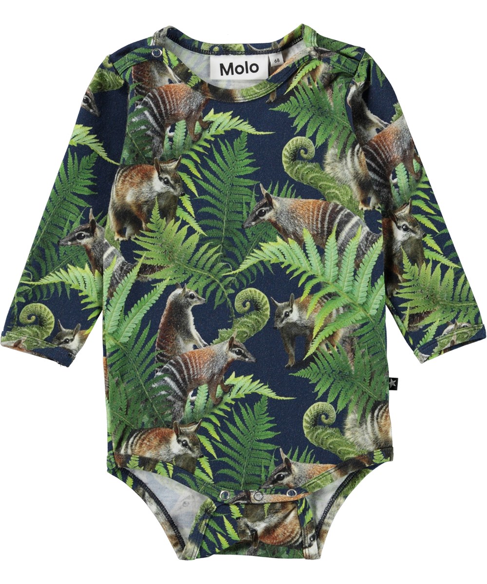 Foss - Fern Friends - Blauer Babybody mit Aufdruck von Eichhörnchen und Pflanzen