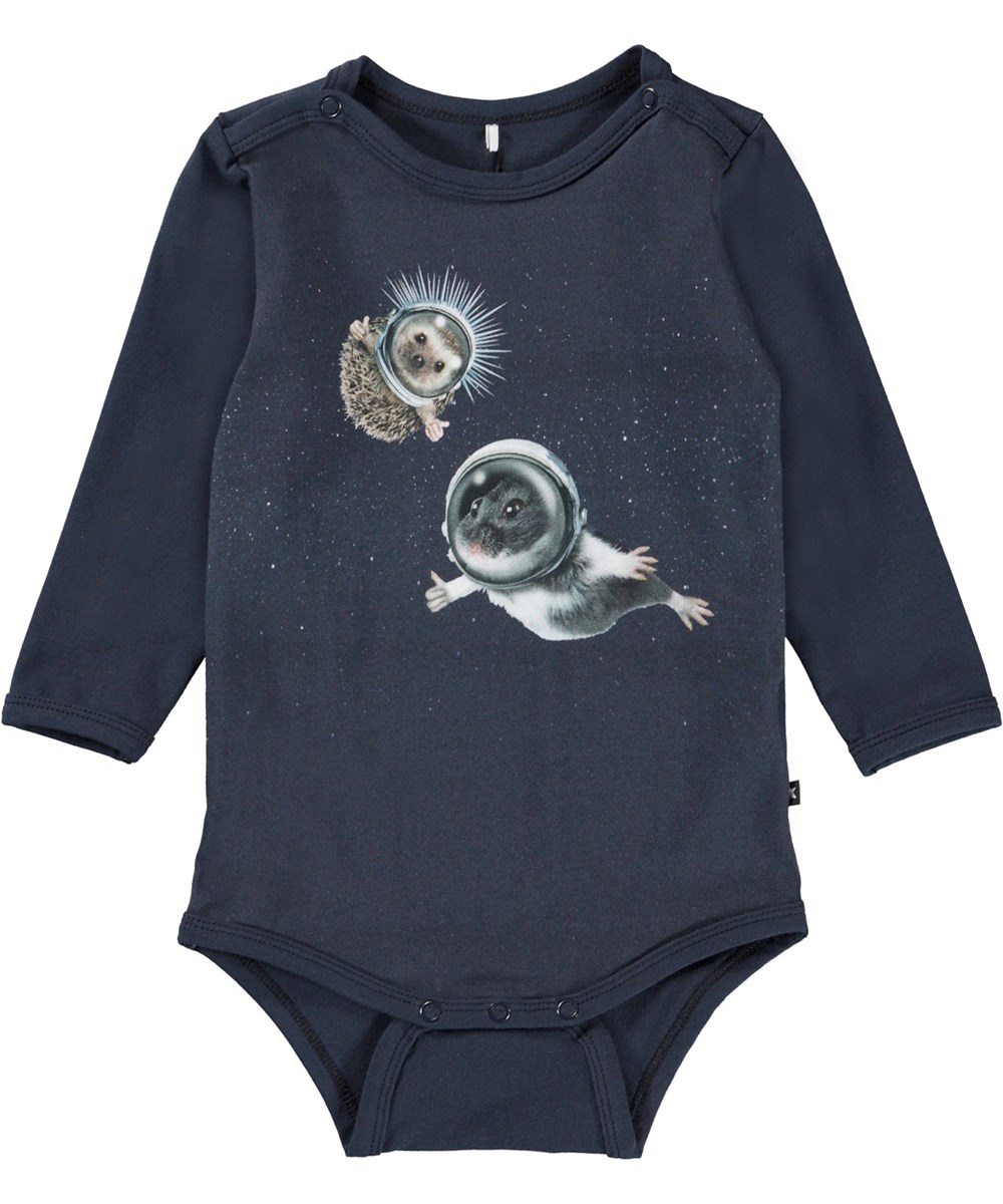Foss - Kawaii Cosmos - Dunkelblauer Babybody mit Druck von Tieren im Weltall