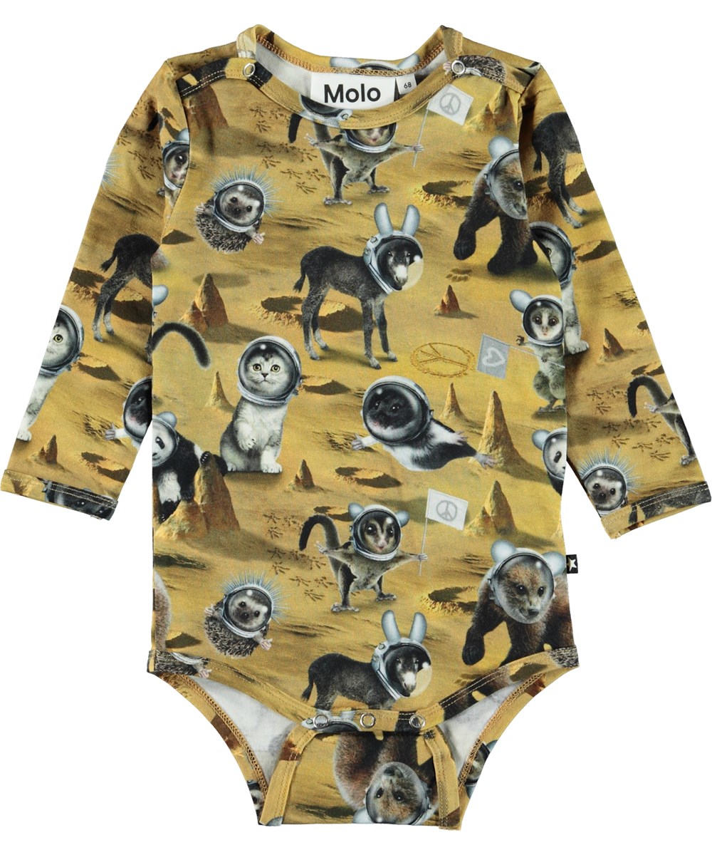 Foss - Kawaiii Planet - Gelber Babybody mit Druck von Tieren im Weltall