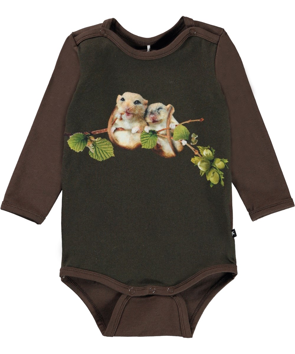 Foss - Sweet Hazel - Brauner Öko-Babybody mit Mäuse-Print