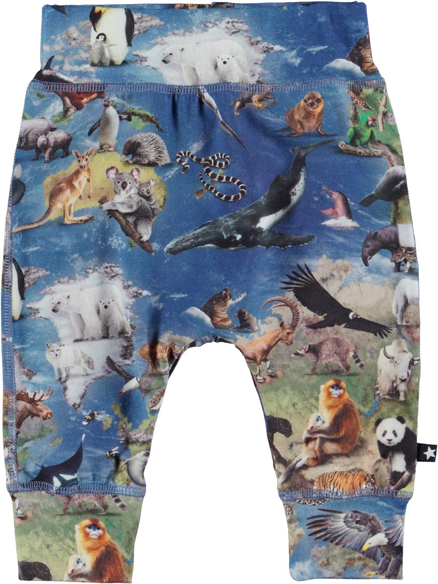 Sammy - Animal Earth - Blaue Öko-Babyhose mit Tiere-Print
