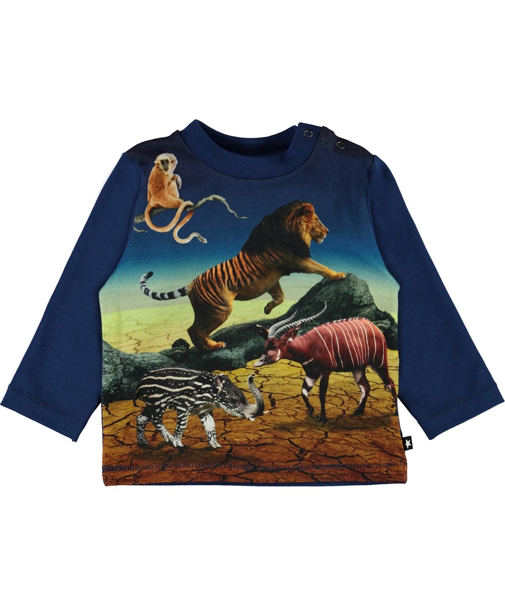 Enovan - Wild Future - Blaue Öko-Babybluse mit Tieren