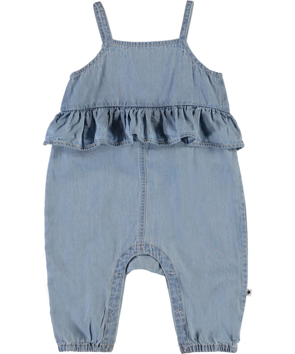 Feodora - Summer Wash Indigo - Blauer Denim-Babyanzug mit Rüschen