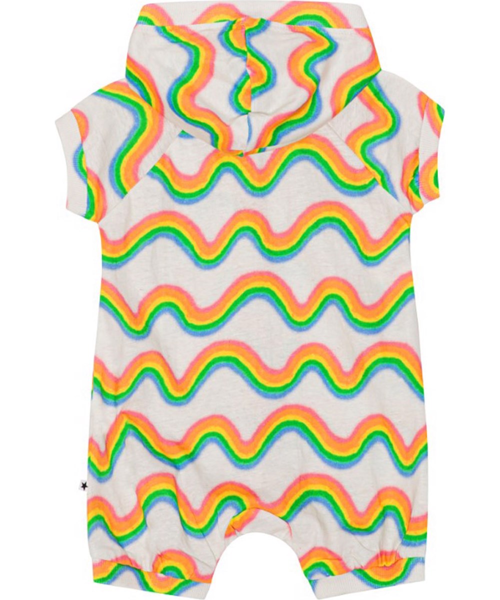 Fidelia - Rainbow Mini - Weißer Overall mit Kapuze aus weicher Öko-Baumwolle mit farbenfrohem Allover-Print von Molos ikonischem Regenbogen