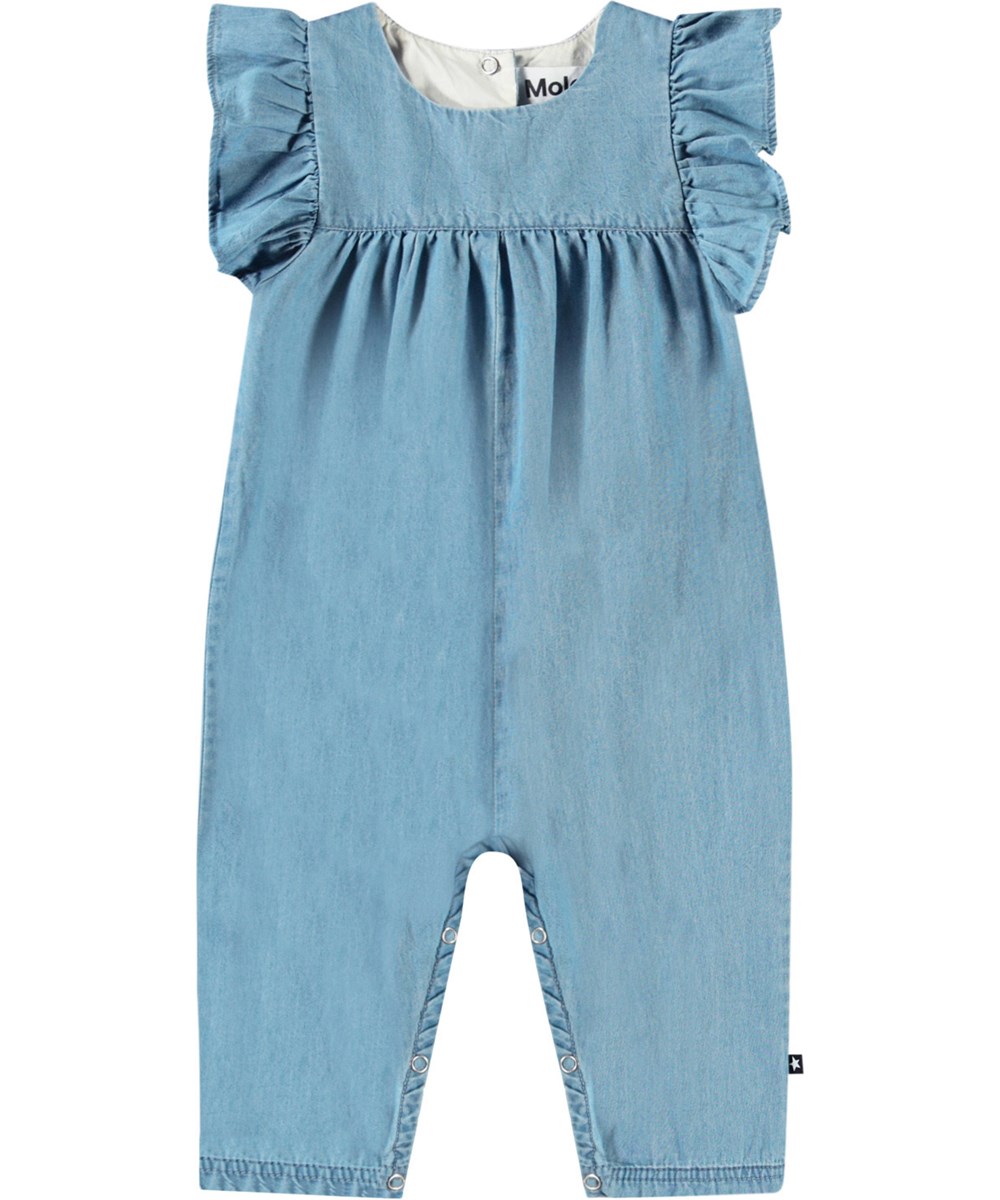 Fifi - Sky Indigo - Hellblauer Chambray-Overall aus Öko-Baumwolle für Babys.