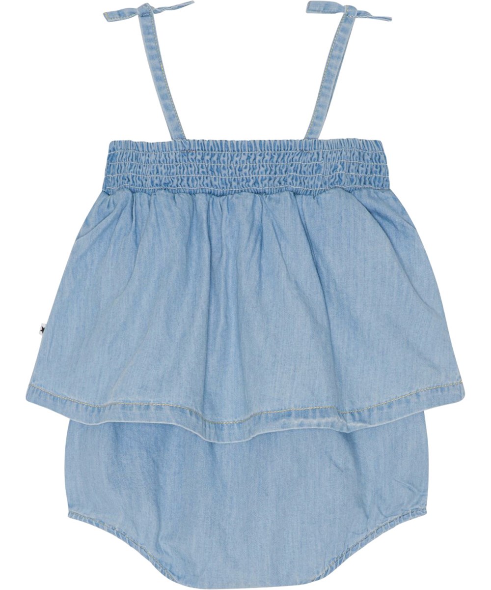 Flora - Summer Wash Indigo - Hellblauer Sommeranzug mit schmalen Trägern aus gewaschener Öko-Baumwolle