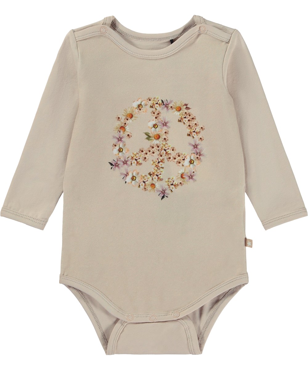 Foss - Peace Flowers - Öko-Babybody in Beige mit Peace-Print
