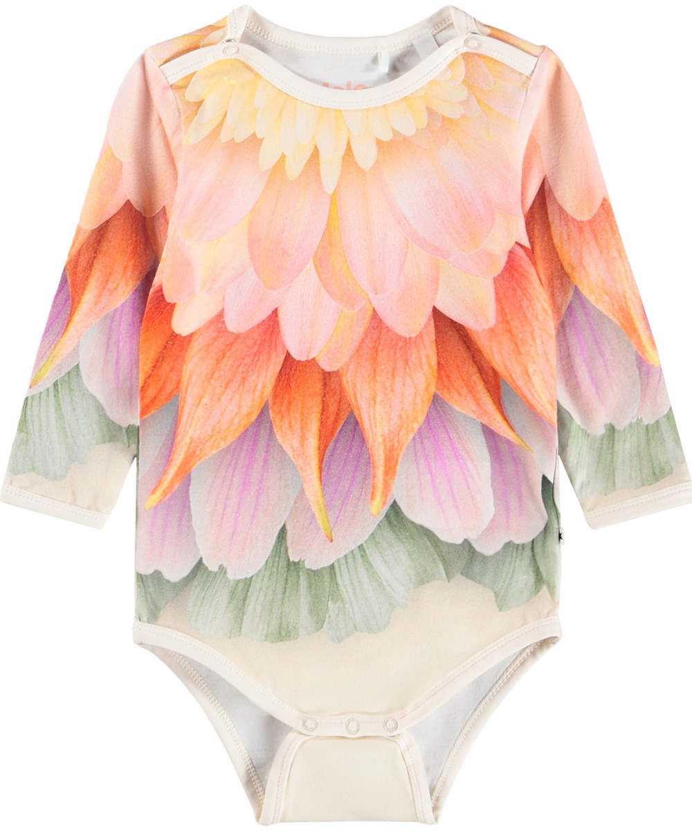 Foss - Bright Petals - Oranger, langärmeliger Body für die Kleinen aus Bio-Baumwolle mit Blumenmuster