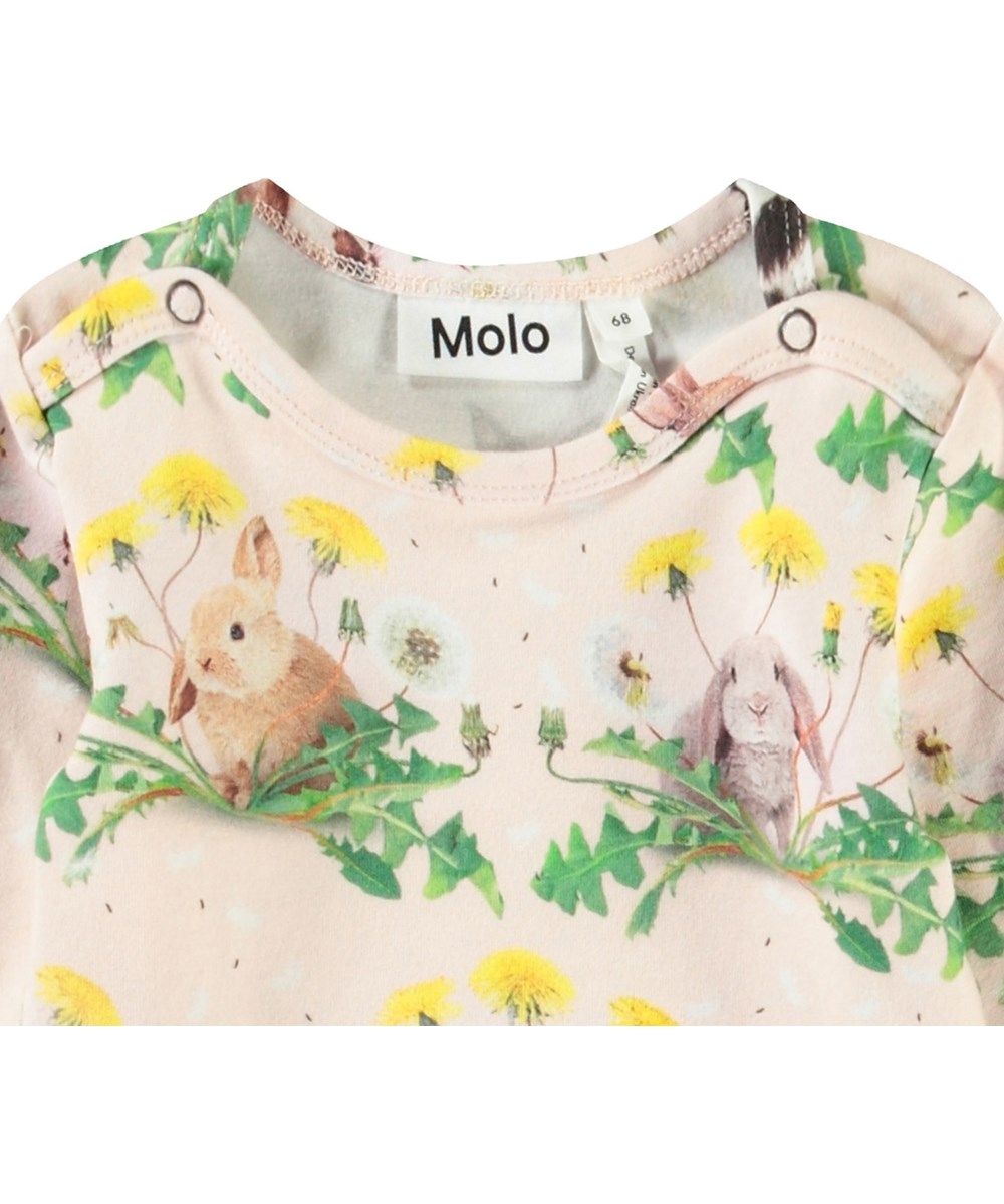 Foss - Bunnies United - Langärmeliger Öko-Baumwoll-Body für Babys mit einem Druck von Hasen und Löwenzahn.