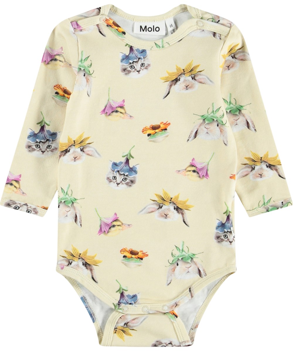 Foss - Floral Fun Baby - Gelber, langärmeliger Body für die Kleinen aus Bio-Baumwolle mit Tiermuster