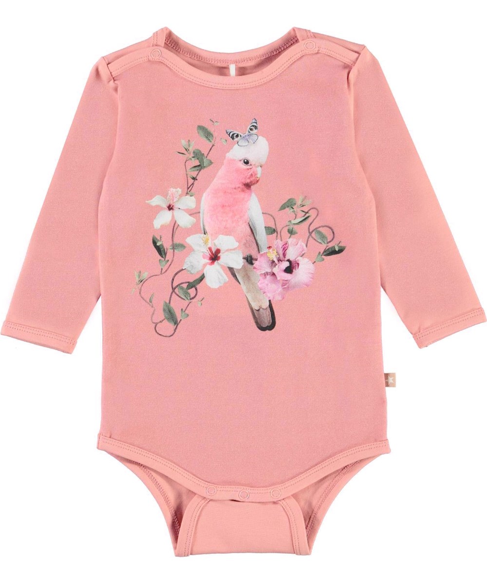 Foss - Pink Parrot - Korallenfarbener Öko Baby Body Blumen Papagei
