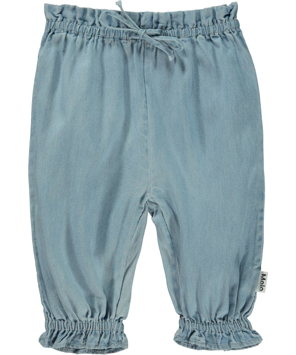 Savannah - Light Washed Blue - Lange blaue Babyhose mit Gummizug und Bändern