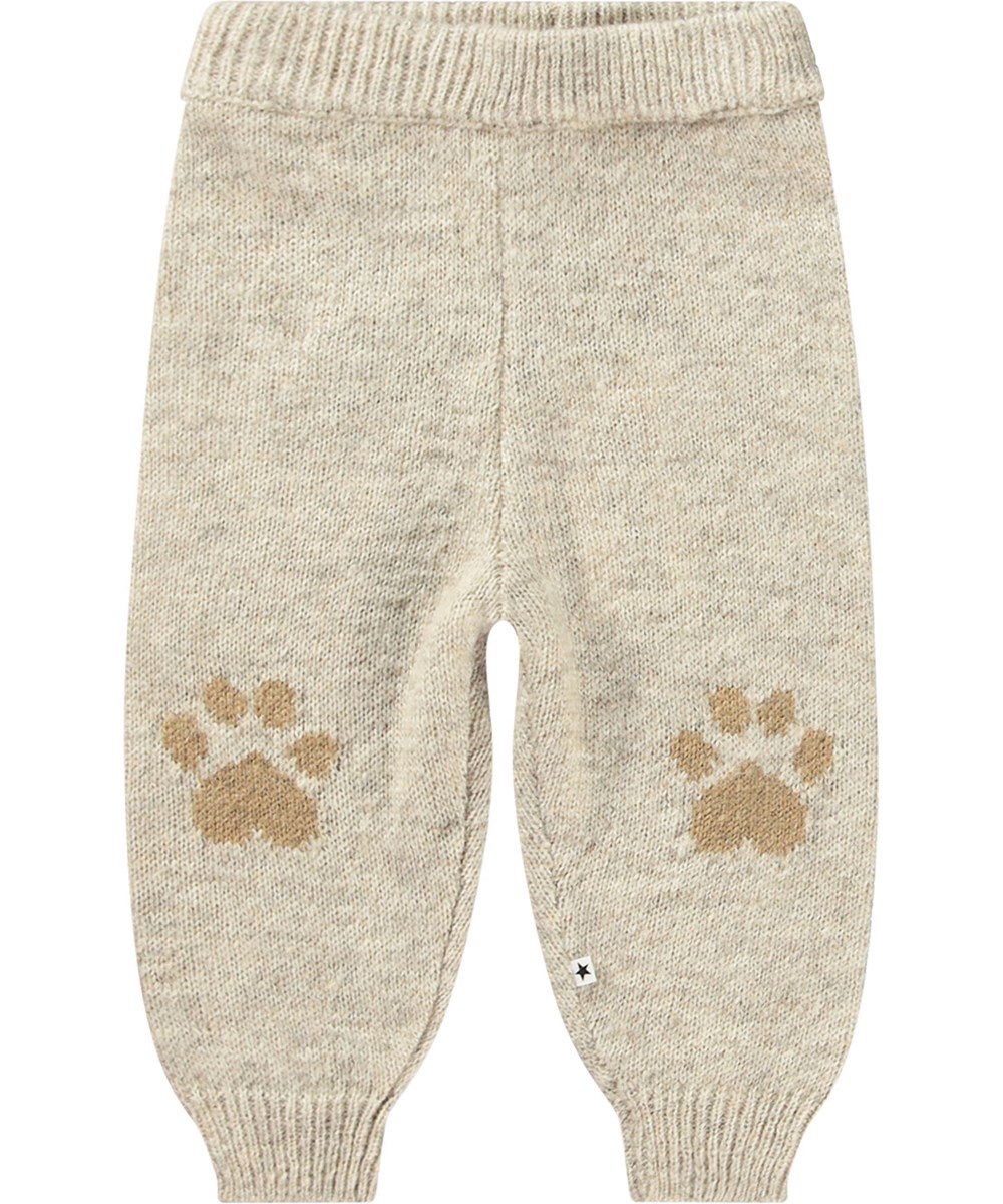 Sol - Kitten Knit - Hellbeige melierte Strickhose mit Rippstrick und braunen Pfotenabdrücken.