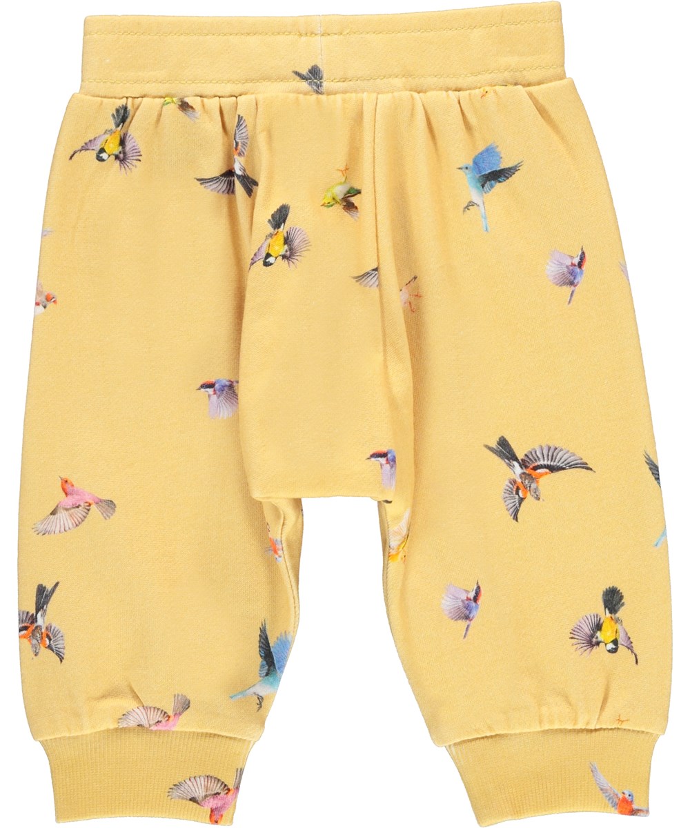 Sona - Mini Birds - Gelbe Öko-Baby-Jogginghose mit Vögeln