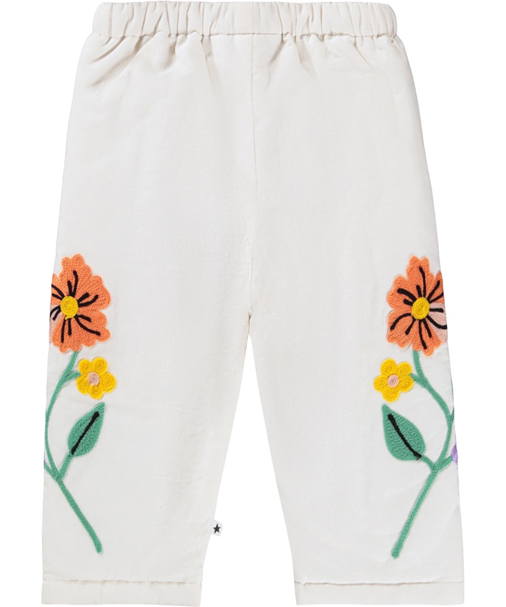 Soul - Meadow Flowers - Weiße Baumwollhosen für die Kleinen mit Blumenstickerei.