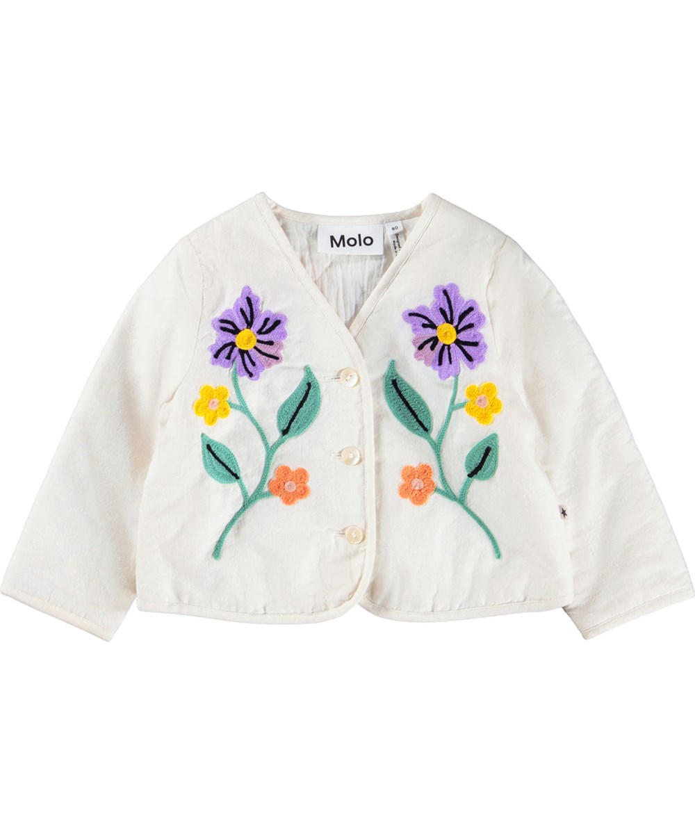 Happy - Meadow Flowers - Weiße Jacke für die Kleinen aus Baumwolle mit einer Stickerei.